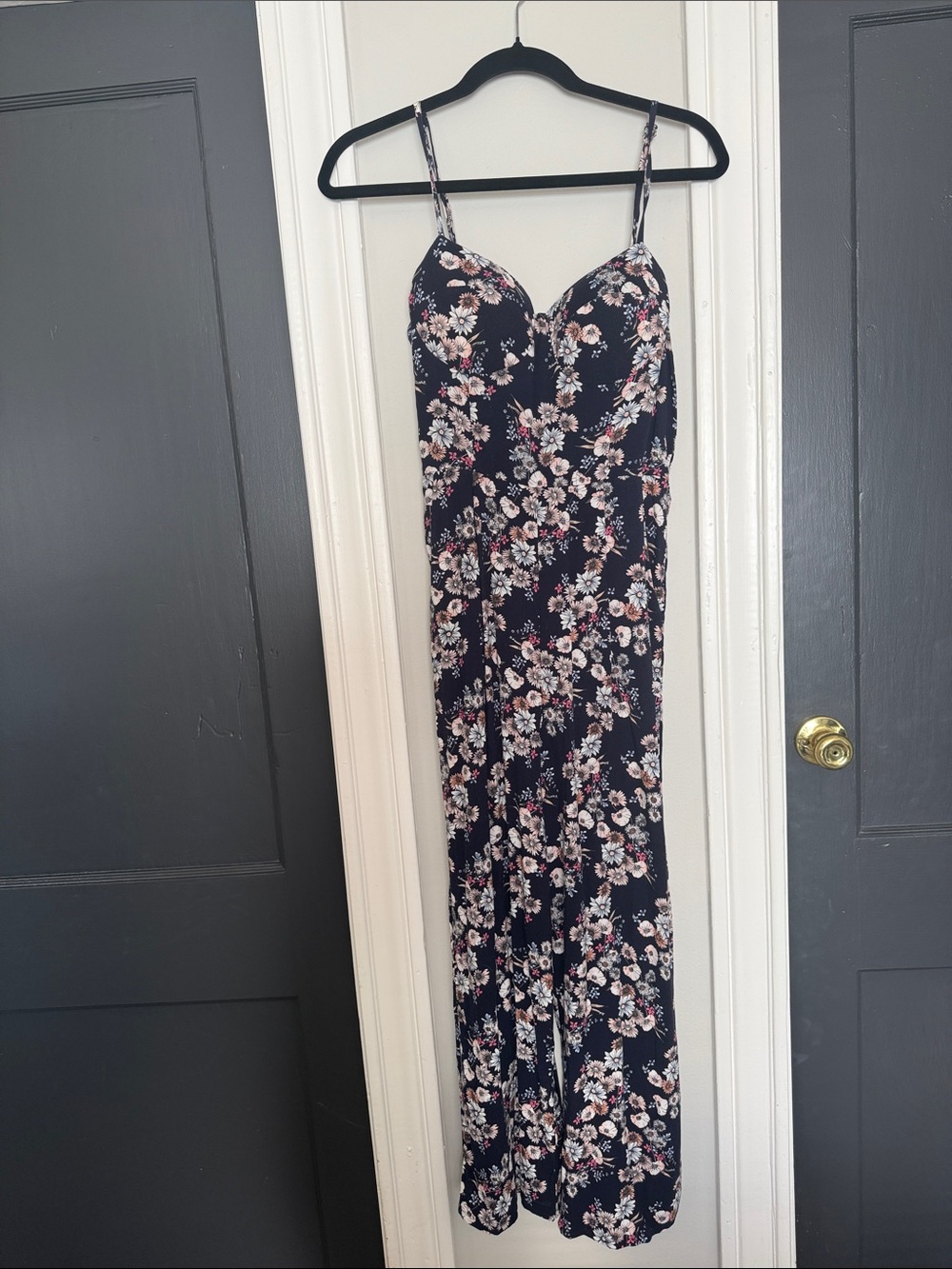 AUW Navy Floral Spaghetti-Strap Jumpsuit